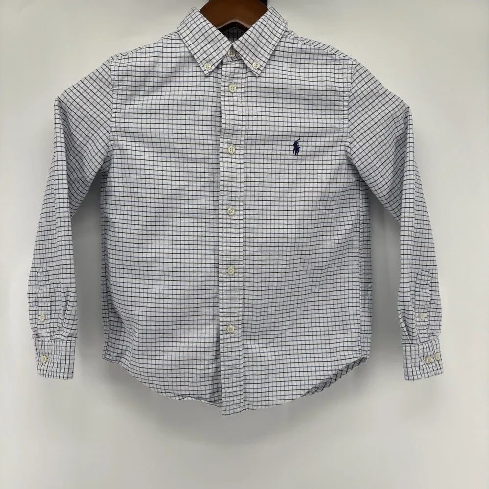 Ralph Lauren Boys Long Sleeve Button Up Shirt Size 7 Blue‎ White Check Cotton